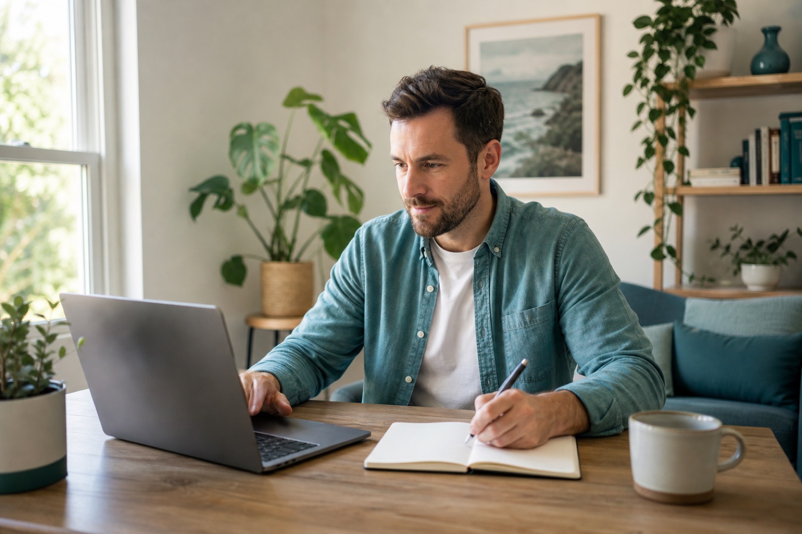 Remote teammate working from a sunlit desk